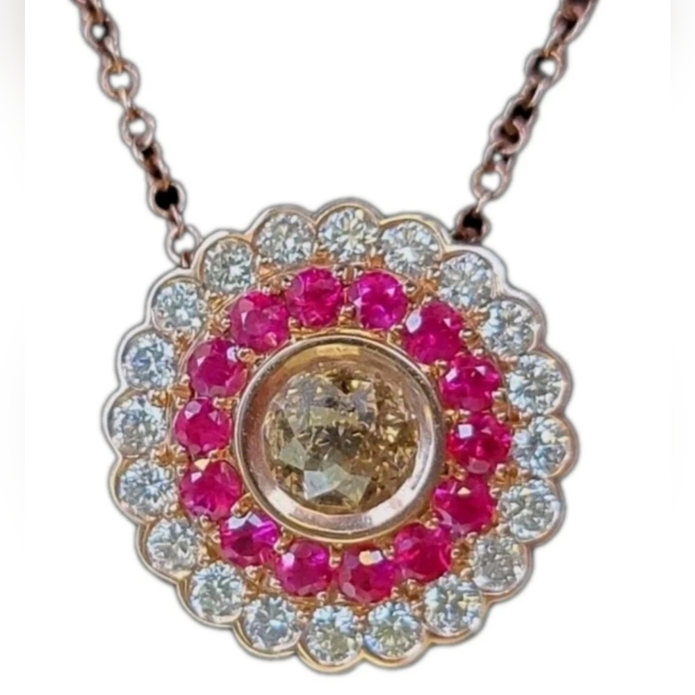 Crown Of Light Diamond Ruby Necklace Pendant 14k Rose Gold-Estate Jewelry